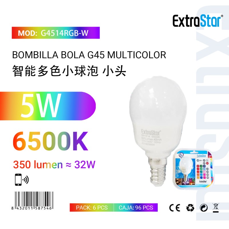 Bombilla Bola G45 Murticolor con Mando 5W 6500K