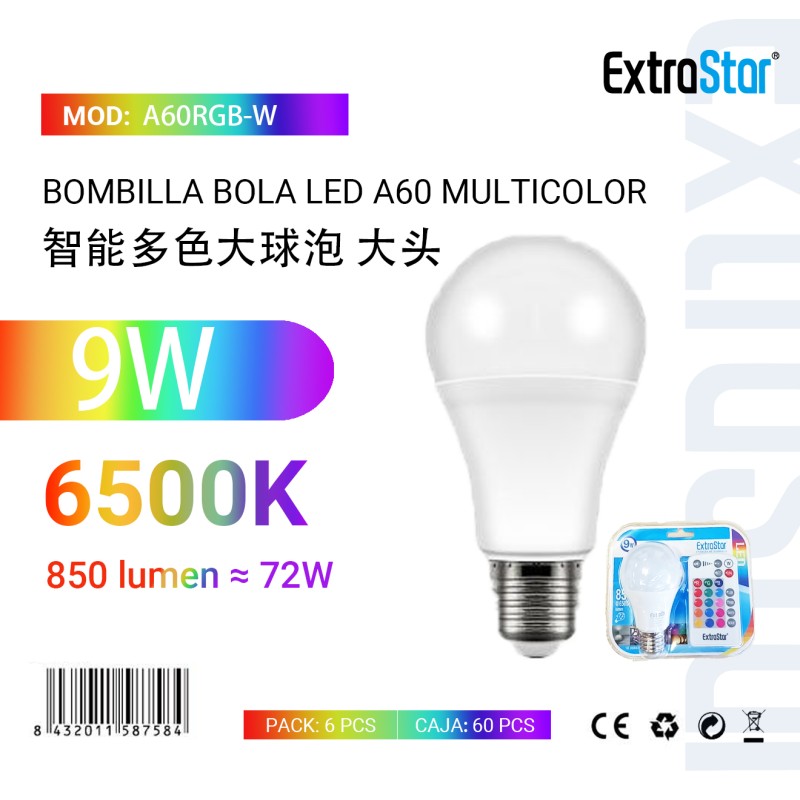 Bombilla Bola LED A60 Multicolor con Mando 9W 6500K