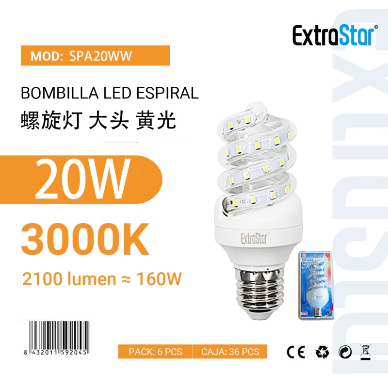 Bombilla LED ESPIRAL E27 20W 3000K